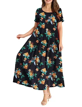 Black Floral Dresses Casual Plus Size Bohemian Short Sleeve Floral Long Maxi Summer Beach Swing Dress/Pockets - YESNO