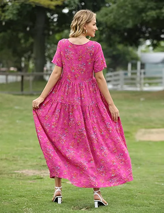 Black Floral Dresses Casual Plus Size Bohemian Short Sleeve Floral Long Maxi Summer Beach Swing Dress/Pockets - YESNO