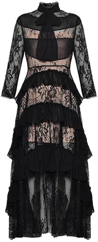 Black Lace Ruffle-Tiered Gown