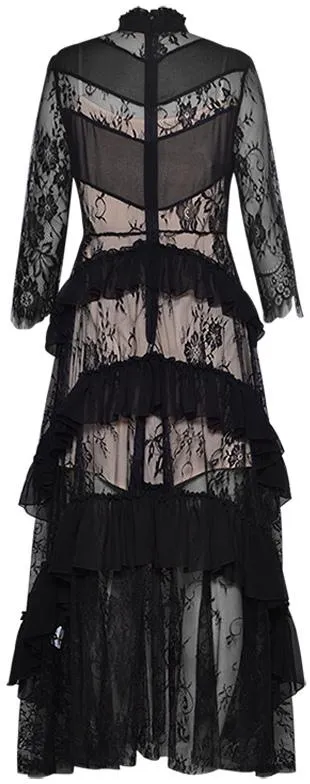 Black Lace Ruffle-Tiered Gown