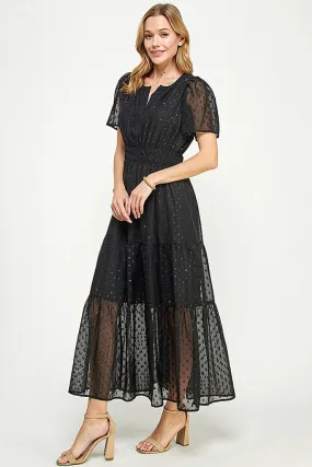 Black Metallic Dot Tiered Maxi Dress