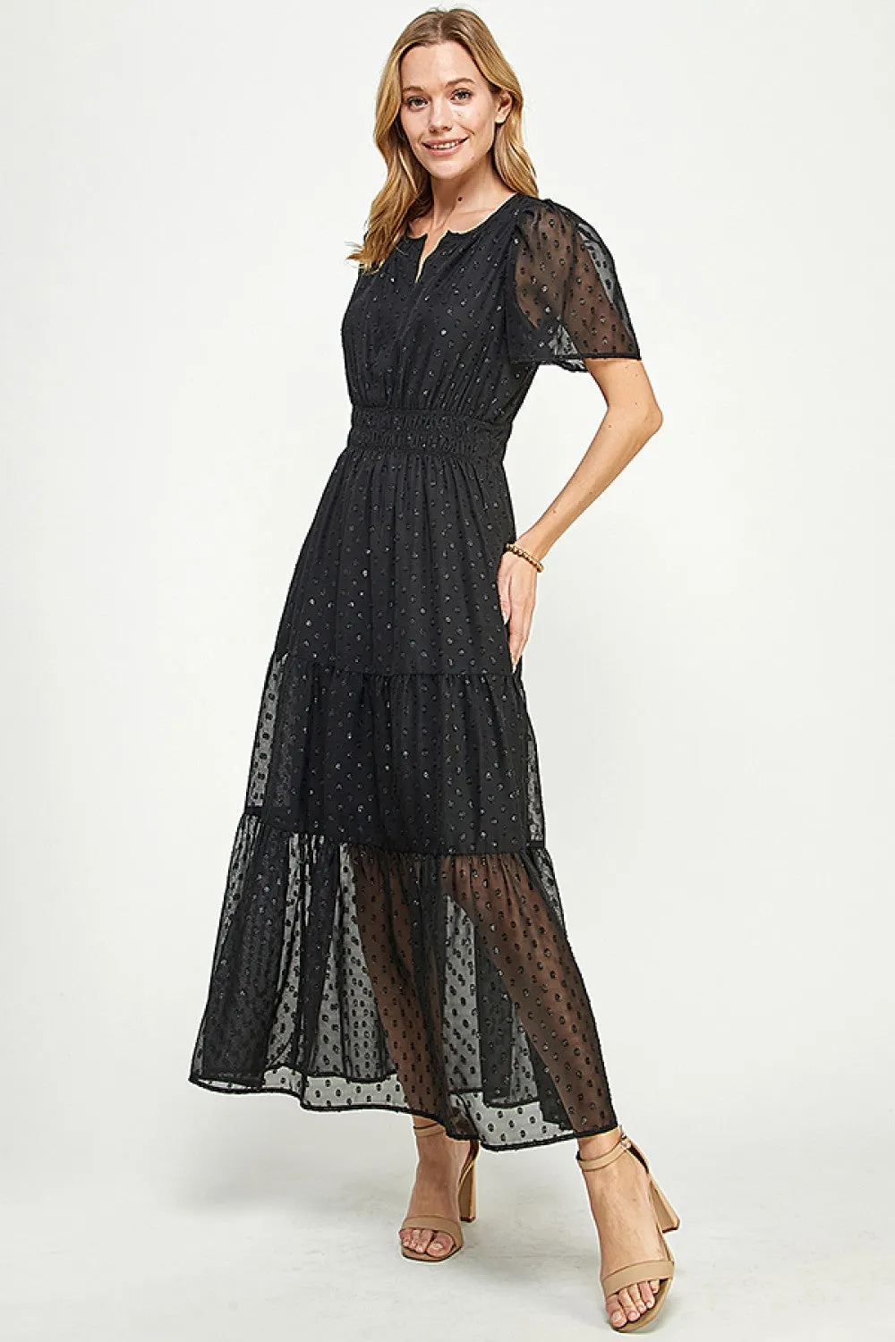 Black Metallic Dot Tiered Maxi Dress