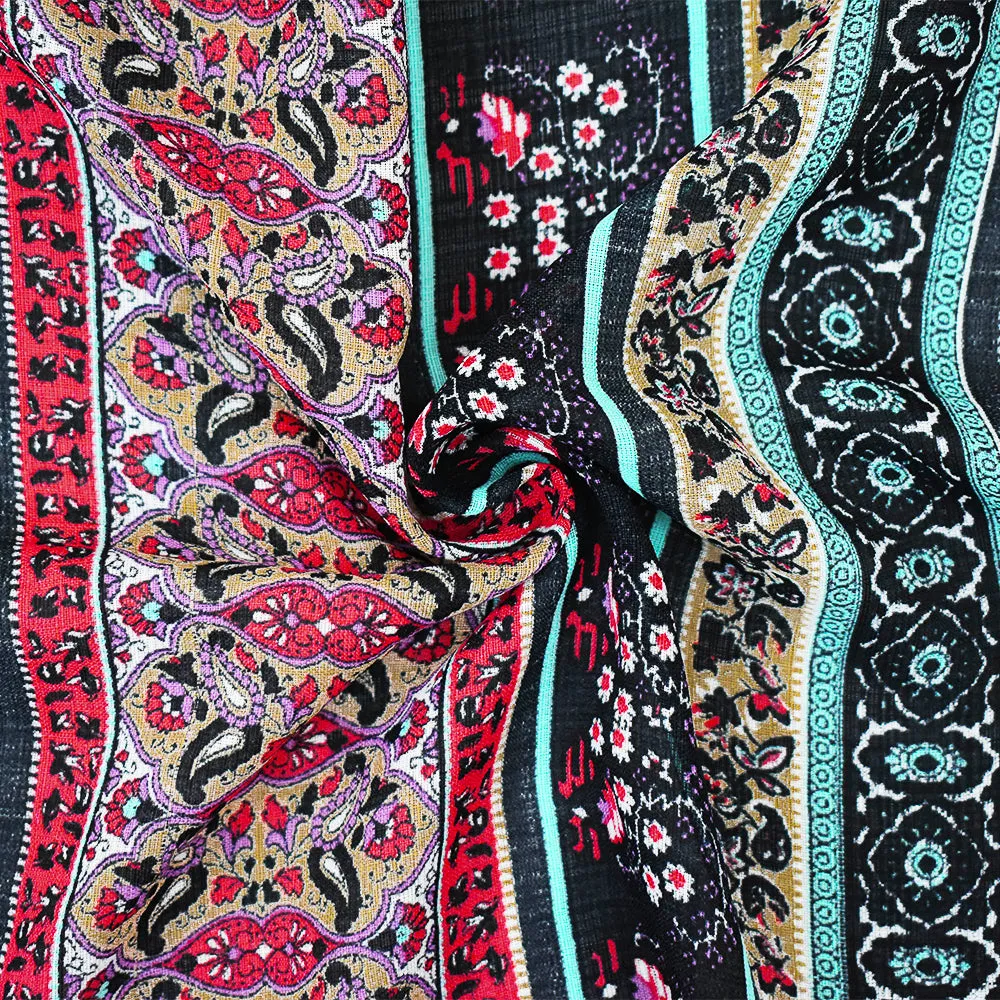 Black-Red-Multi Nylon Striped Floral Baroque Printed Sheer Woven Fabric