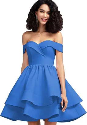 Blue Off Shoulder Short Prom Dress Satin Homecoming Dresses for Teens A Line Cocktail Party Gowns Mini Dress - Homdor