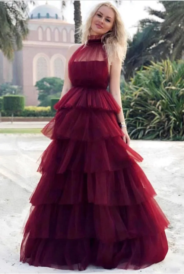 Burgundy Tulle Tiered High Neck Long Elegant Prom Dresses PFP0032