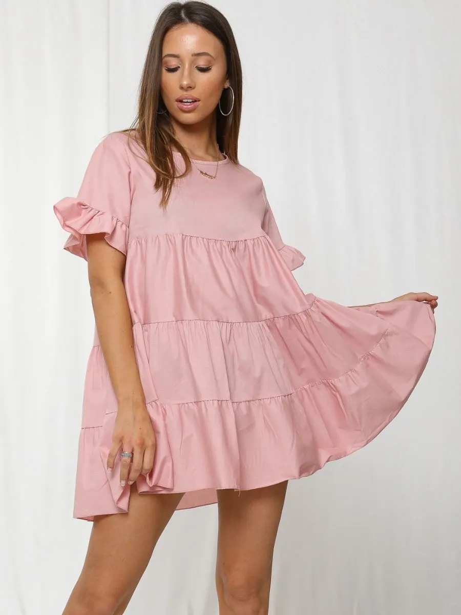 Cherelle Frill Detail Tiered Smock Dress In Pink