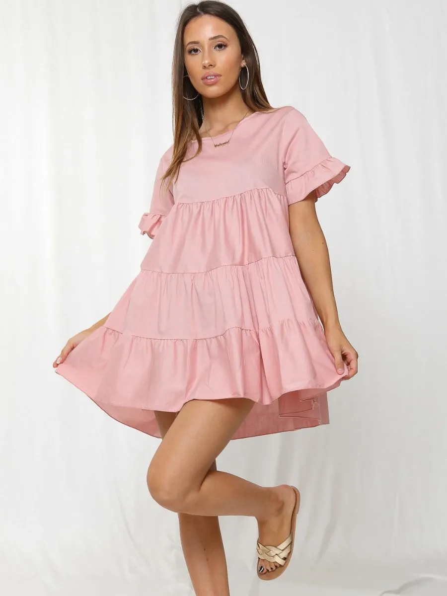 Cherelle Frill Detail Tiered Smock Dress In Pink