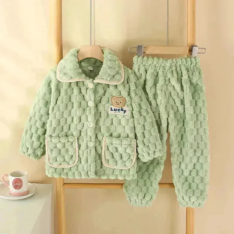 Children Thick Winter Fleece Pajamas set boys girls kids