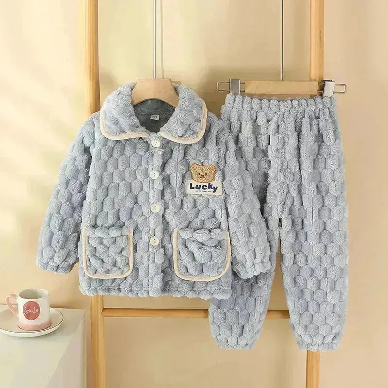 Children Thick Winter Fleece Pajamas set boys girls kids