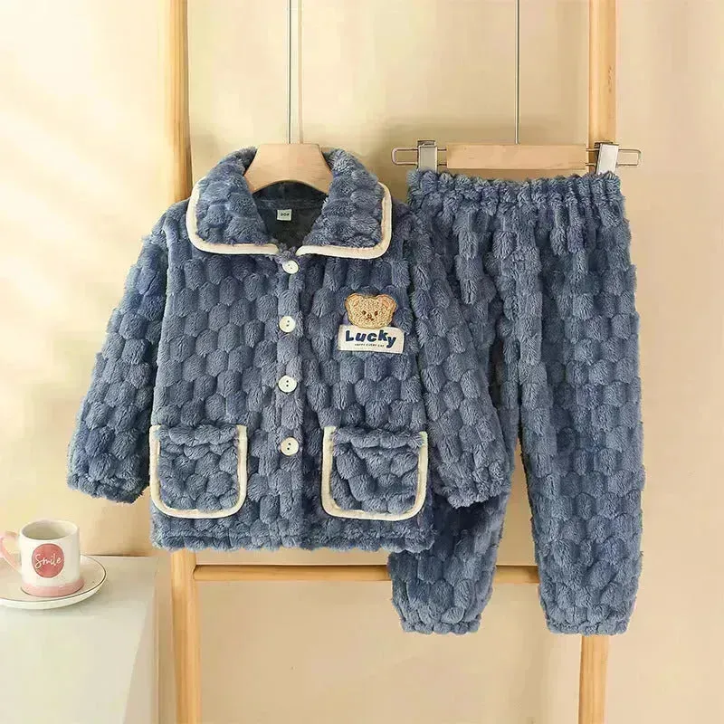 Children Thick Winter Fleece Pajamas set boys girls kids