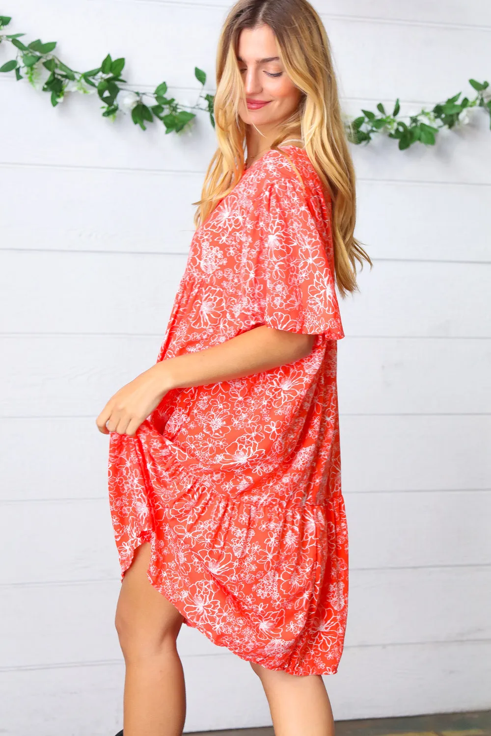 Coral Floral Flutter Sleeve Button Tiered Dress