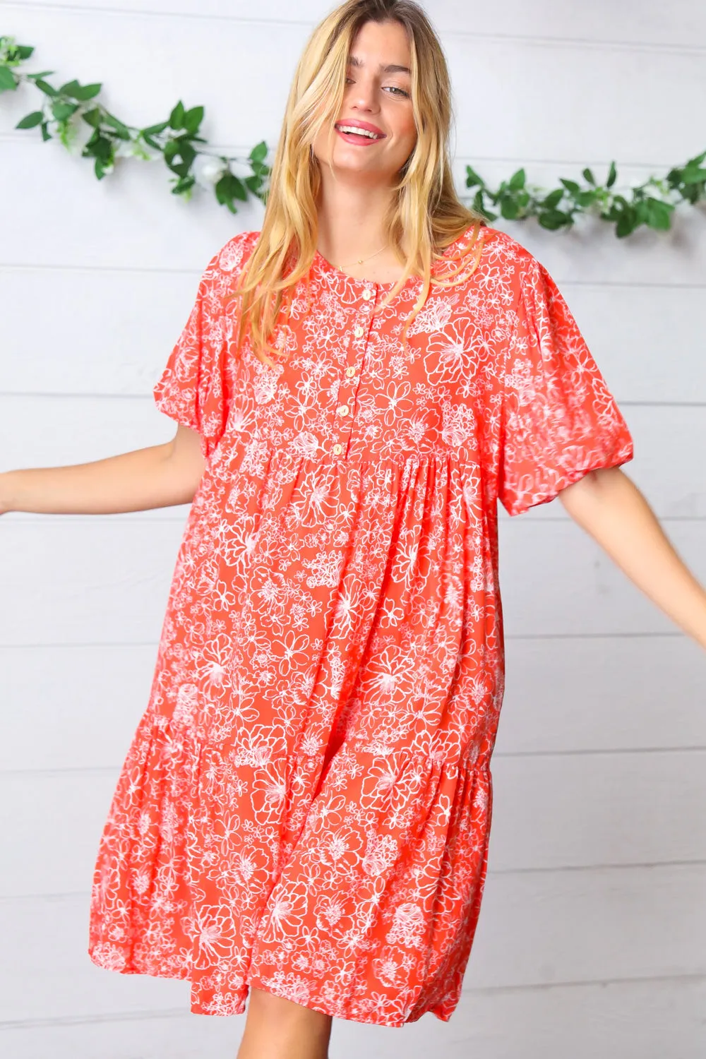 Coral Floral Flutter Sleeve Button Tiered Dress