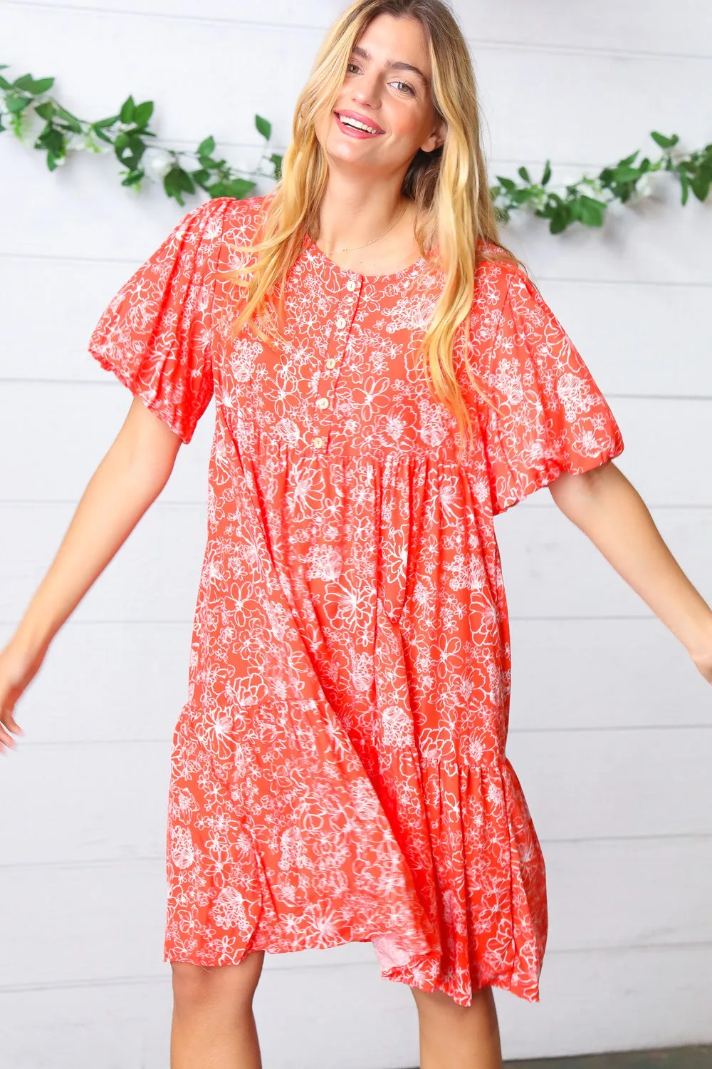 Coral Floral Flutter Sleeve Button Tiered Dress