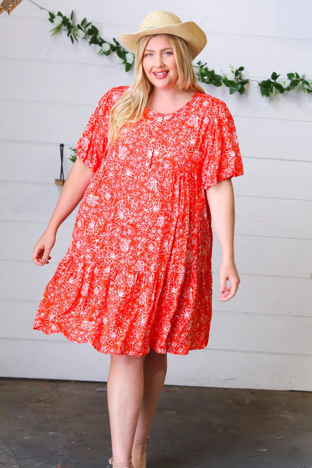 Coral Floral Flutter Sleeve Button Tiered Dress