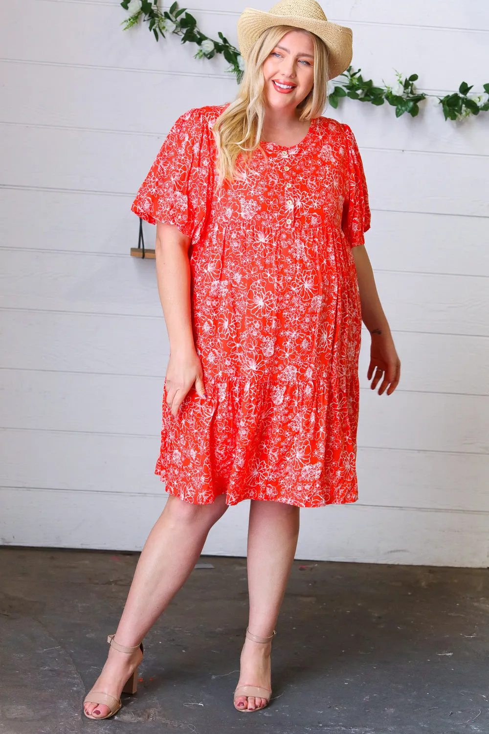 Coral Floral Flutter Sleeve Button Tiered Dress