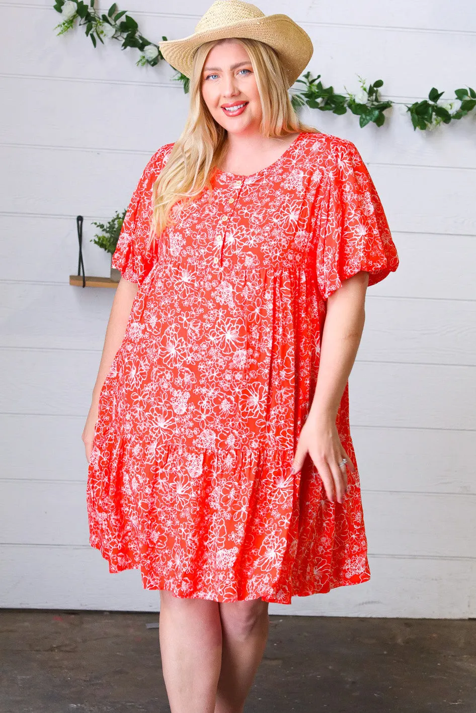 Coral Floral Flutter Sleeve Button Tiered Dress