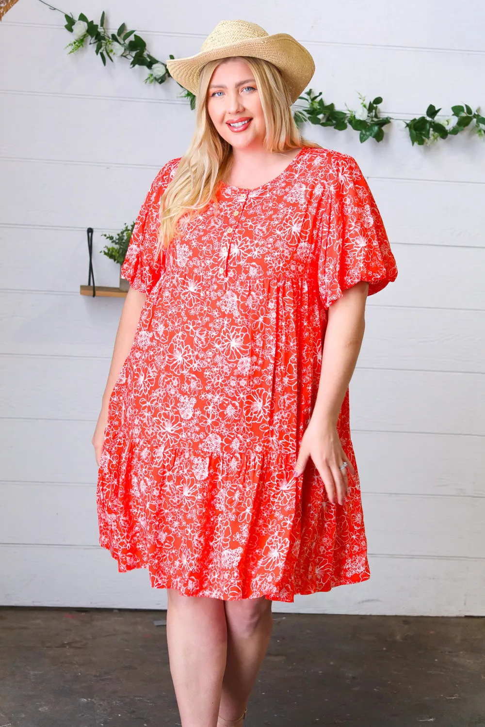 Coral Floral Flutter Sleeve Button Tiered Dress