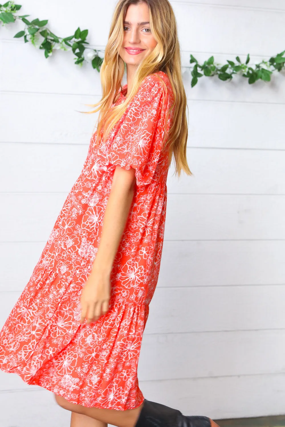 Coral Floral Flutter Sleeve Button Tiered Dress