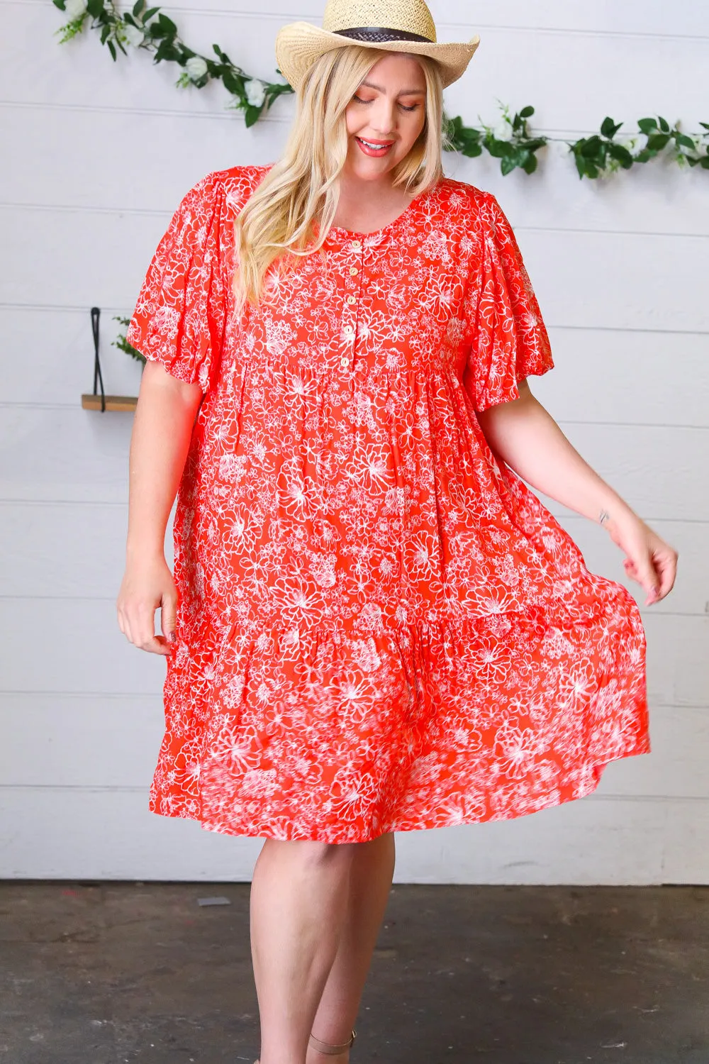 Coral Floral Flutter Sleeve Button Tiered Dress