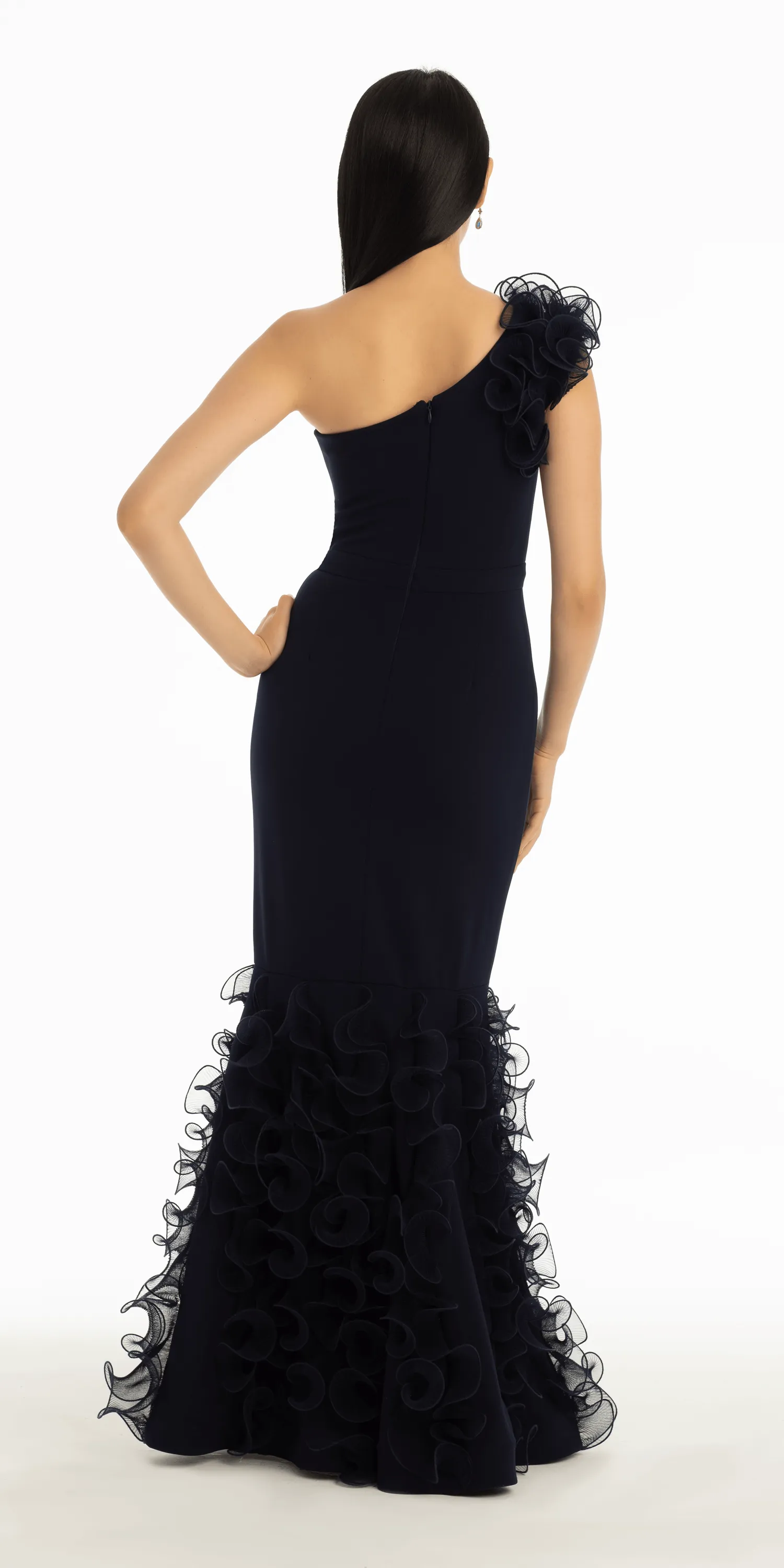 Crepe One Shoulder Wire Ruffle Mermaid Dress