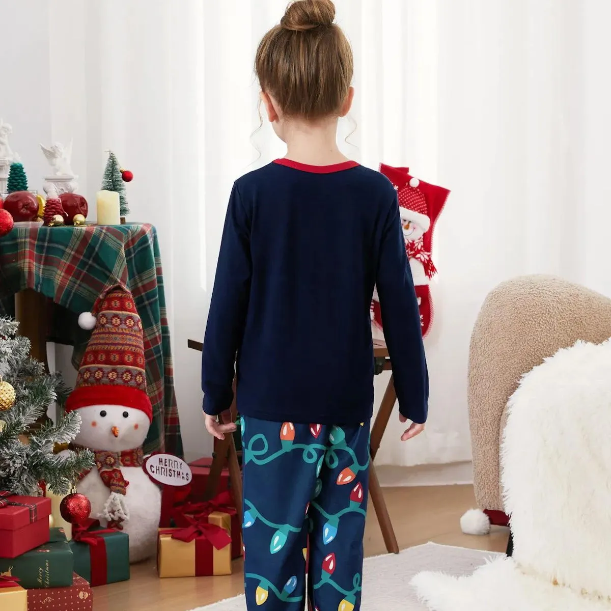 Dark Blue Merry Xmas Allover String Light Print Family Christmas Pajamas