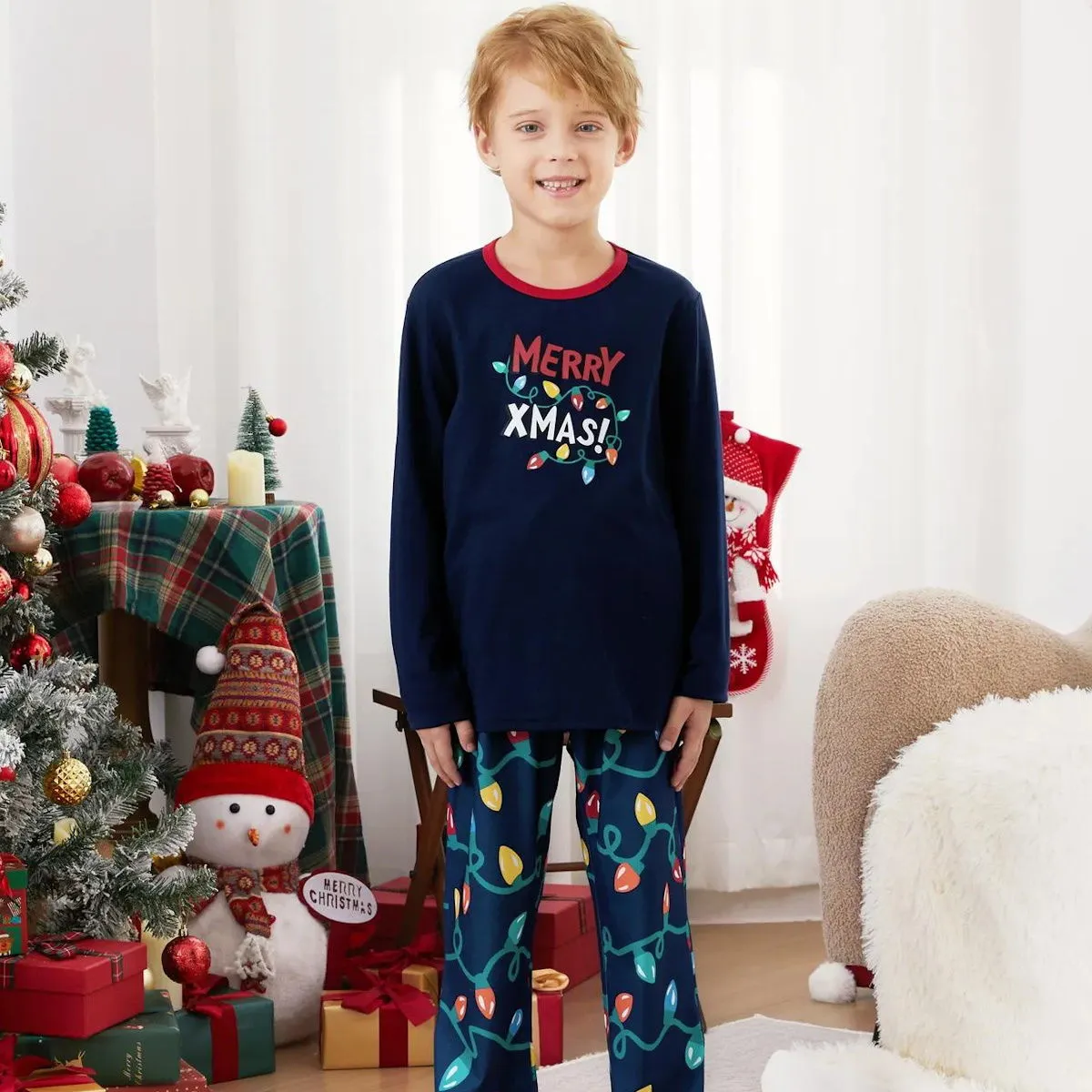 Dark Blue Merry Xmas Allover String Light Print Family Christmas Pajamas