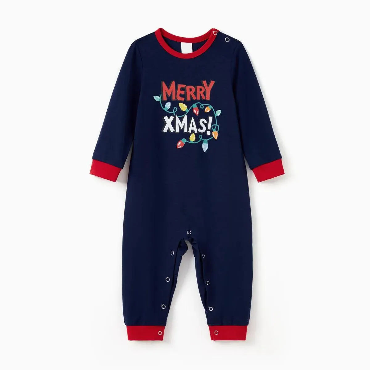 Dark Blue Merry Xmas Allover String Light Print Family Christmas Pajamas