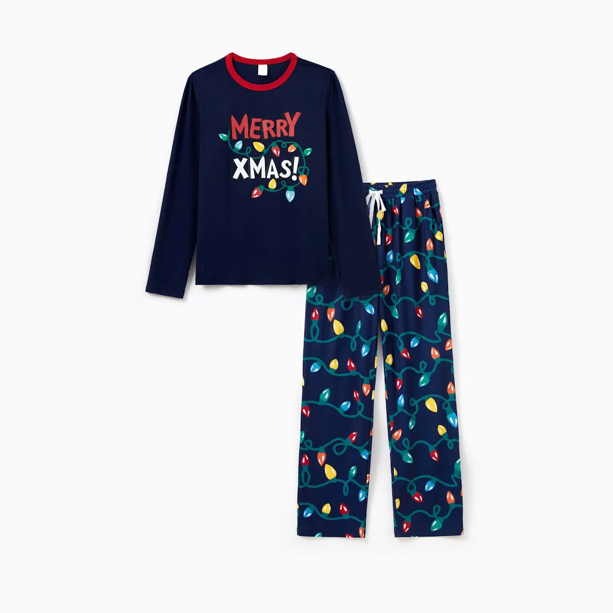 Dark Blue Merry Xmas Allover String Light Print Family Christmas Pajamas