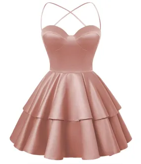 Dusty Rose Satin Homecoming Dress Sweetheart Neck Tiered Short Graduation Dresses