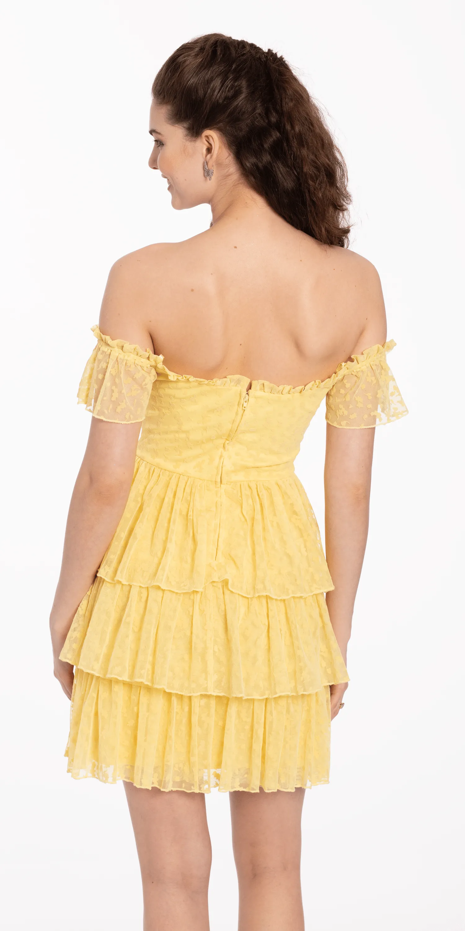 Embossed Mesh Off the Shoulder Tiered Fit and Flare Dress