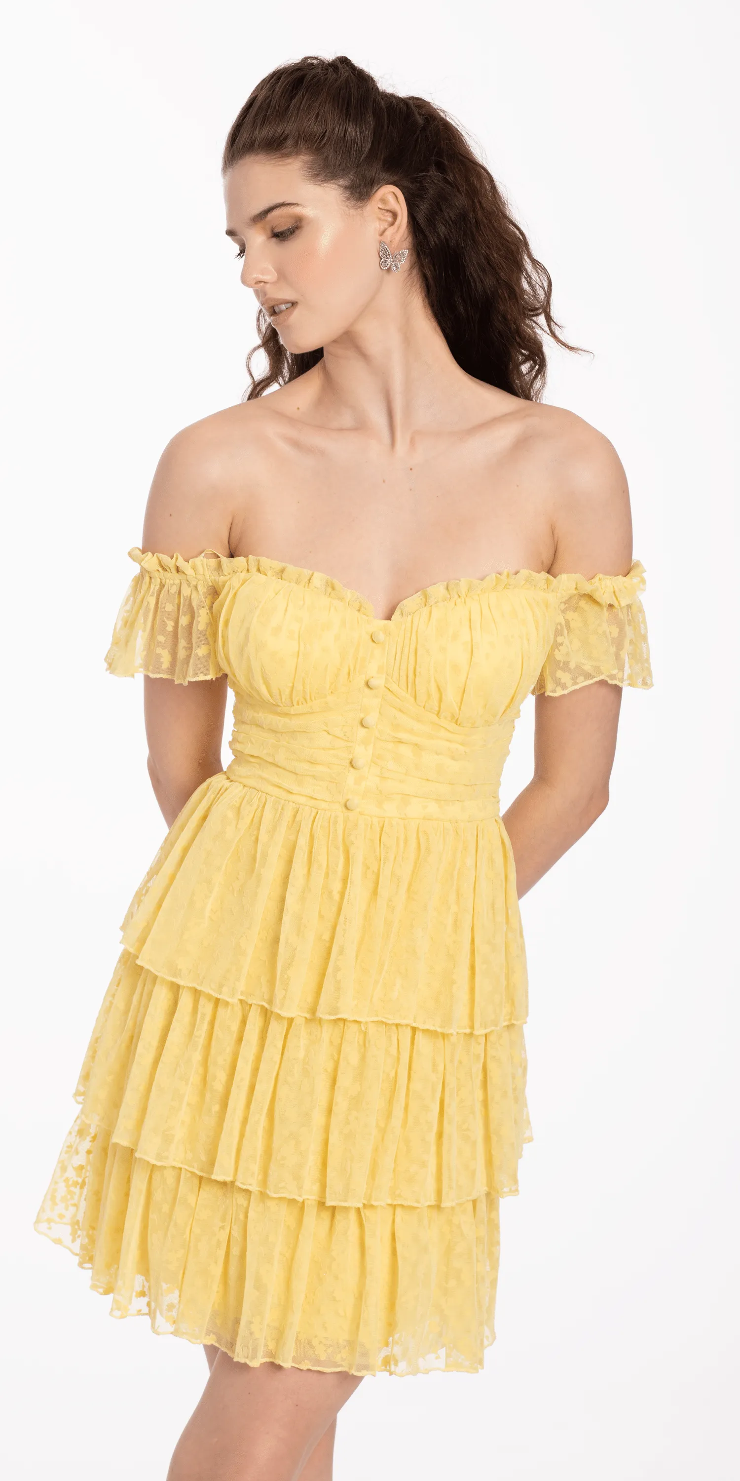 Embossed Mesh Off the Shoulder Tiered Fit and Flare Dress