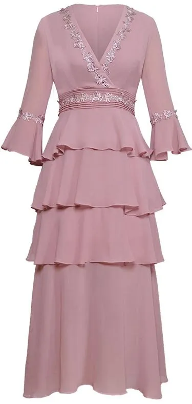 Embroidered Low-Cut Tiered Dress, Pink or Black