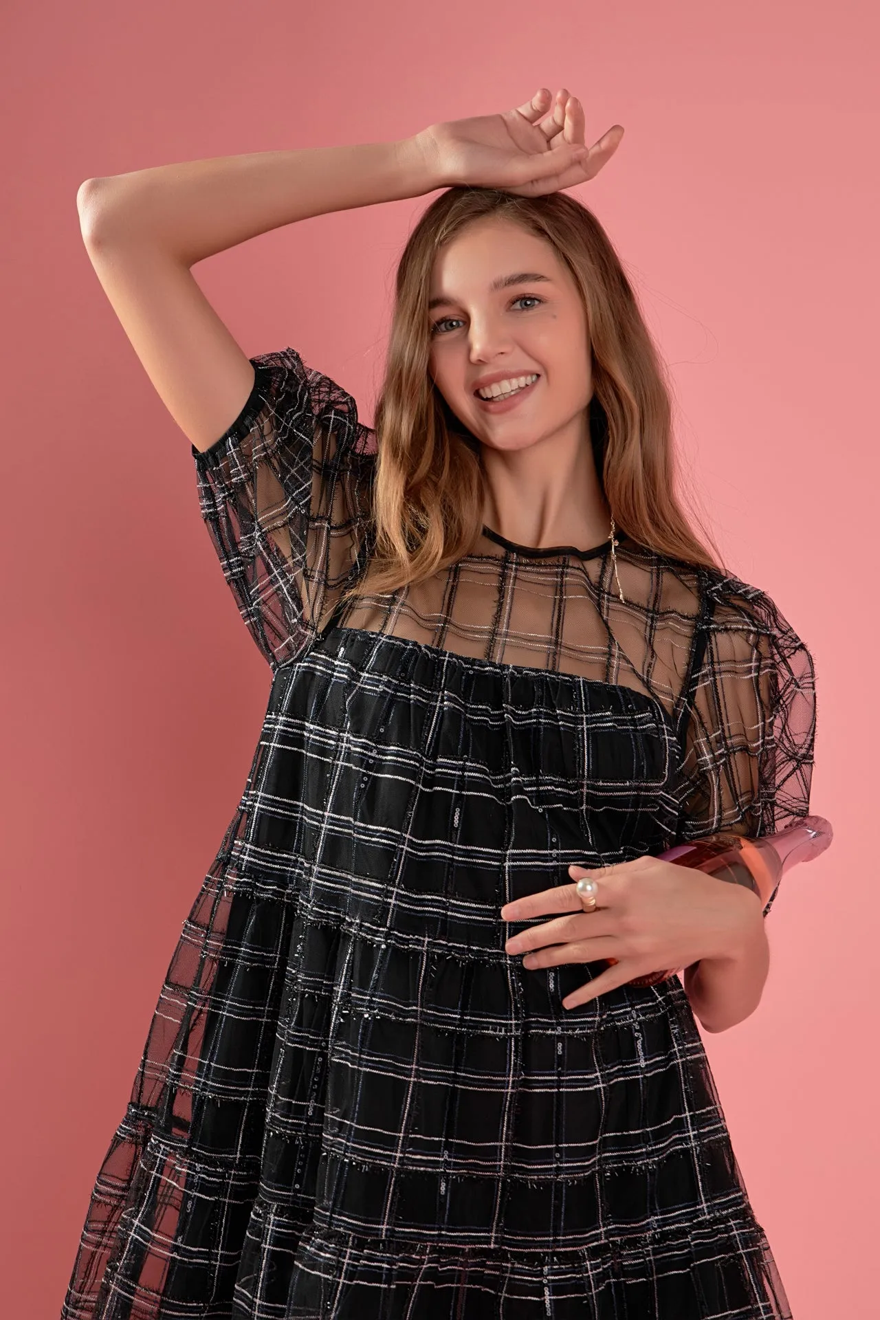 Embroidered Mesh Puff Sleeve Mini Tiered Dress