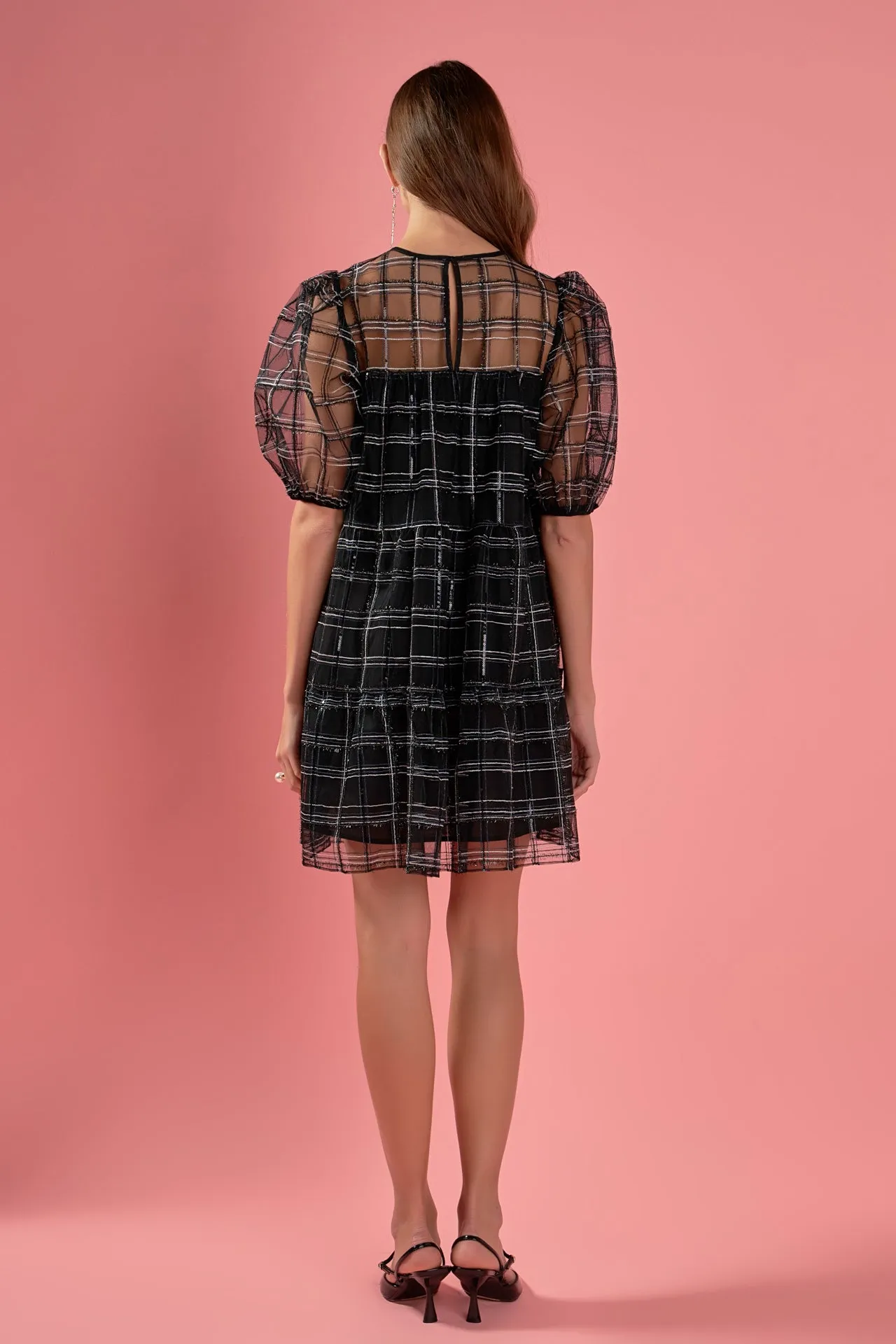 Embroidered Mesh Puff Sleeve Mini Tiered Dress