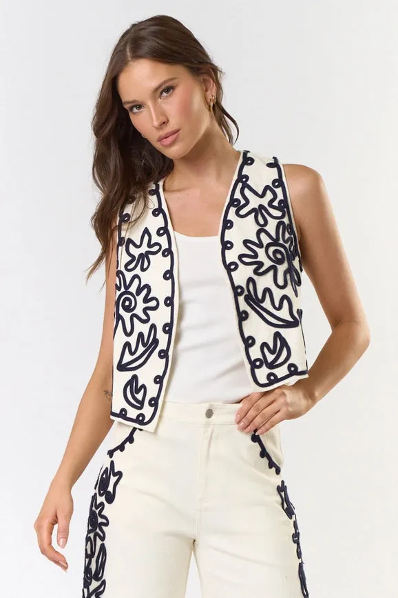 Embroidered Open Front Vest