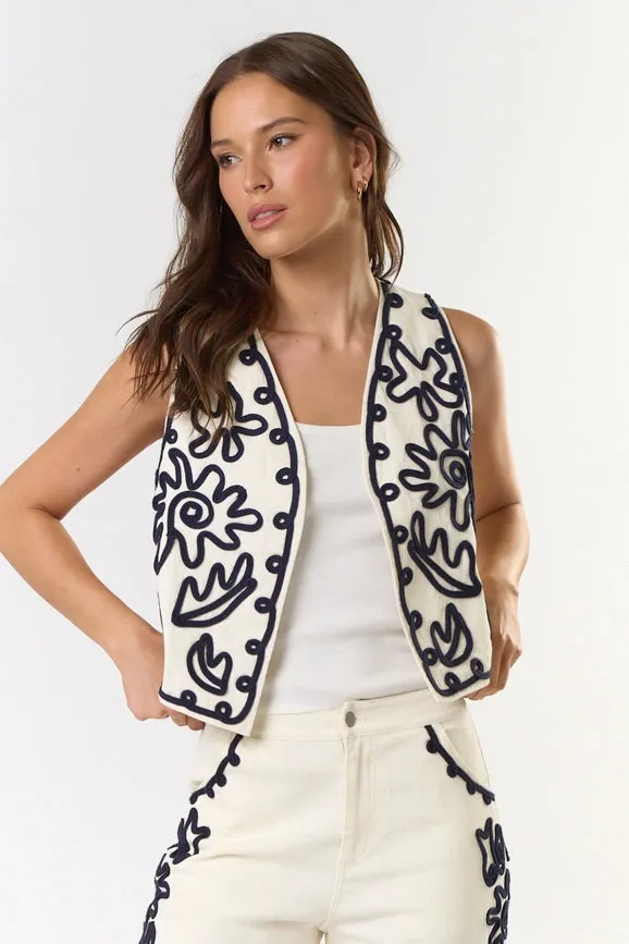 Embroidered Open Front Vest