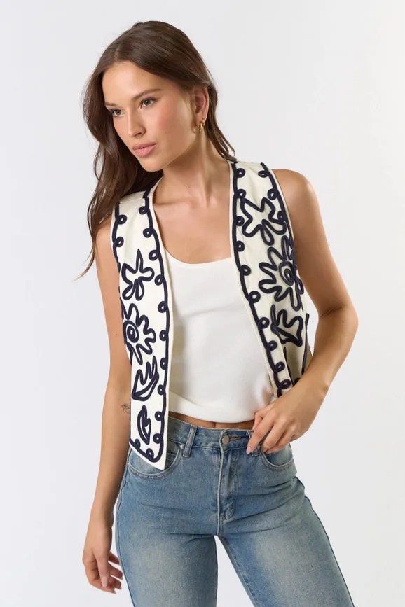 Embroidered Open Front Vest