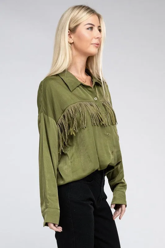 Fringe Trim Satin Shirt