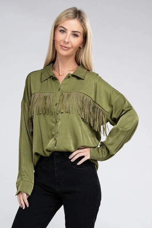 Fringe Trim Satin Shirt