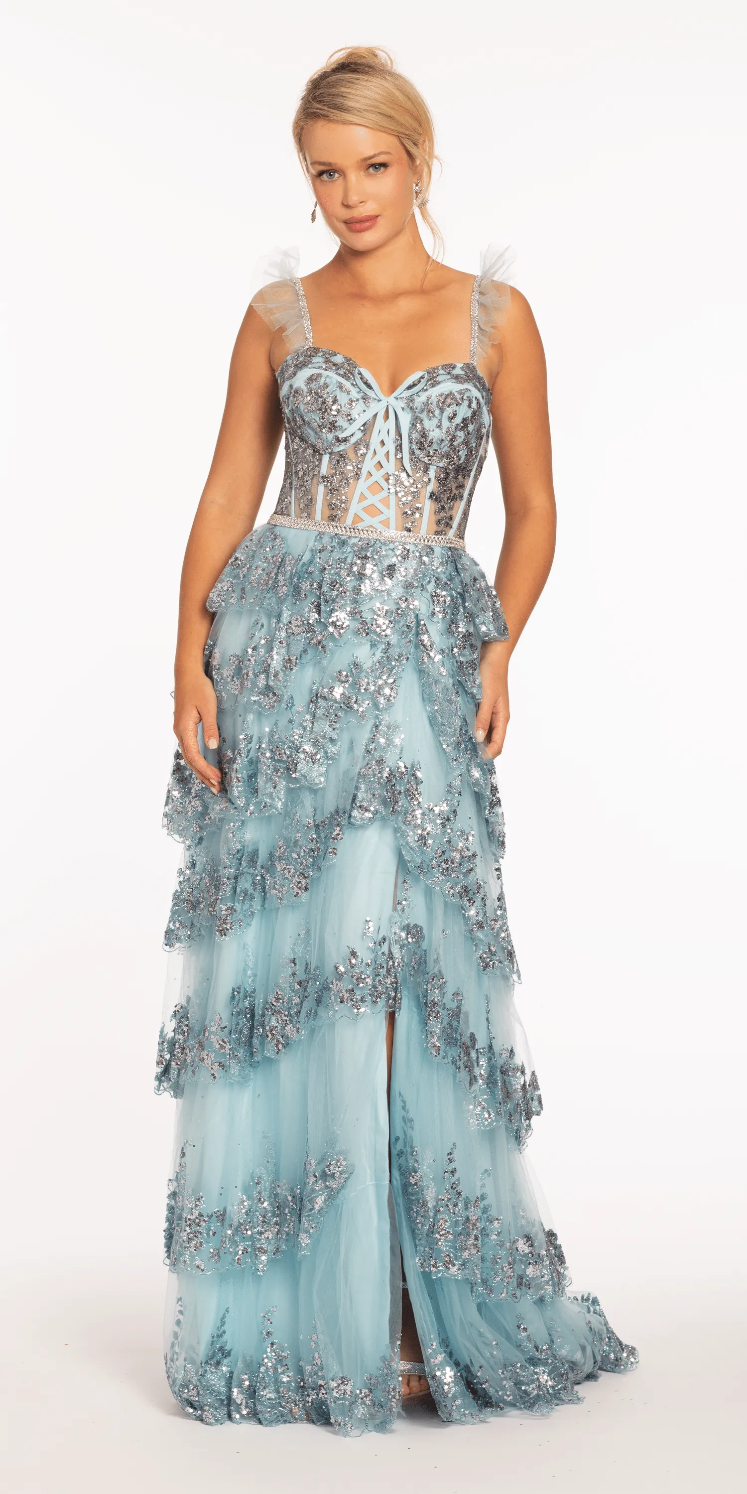 Glitter Mesh Corset Tiered Ballgown with Sequin and Ruffle Detail