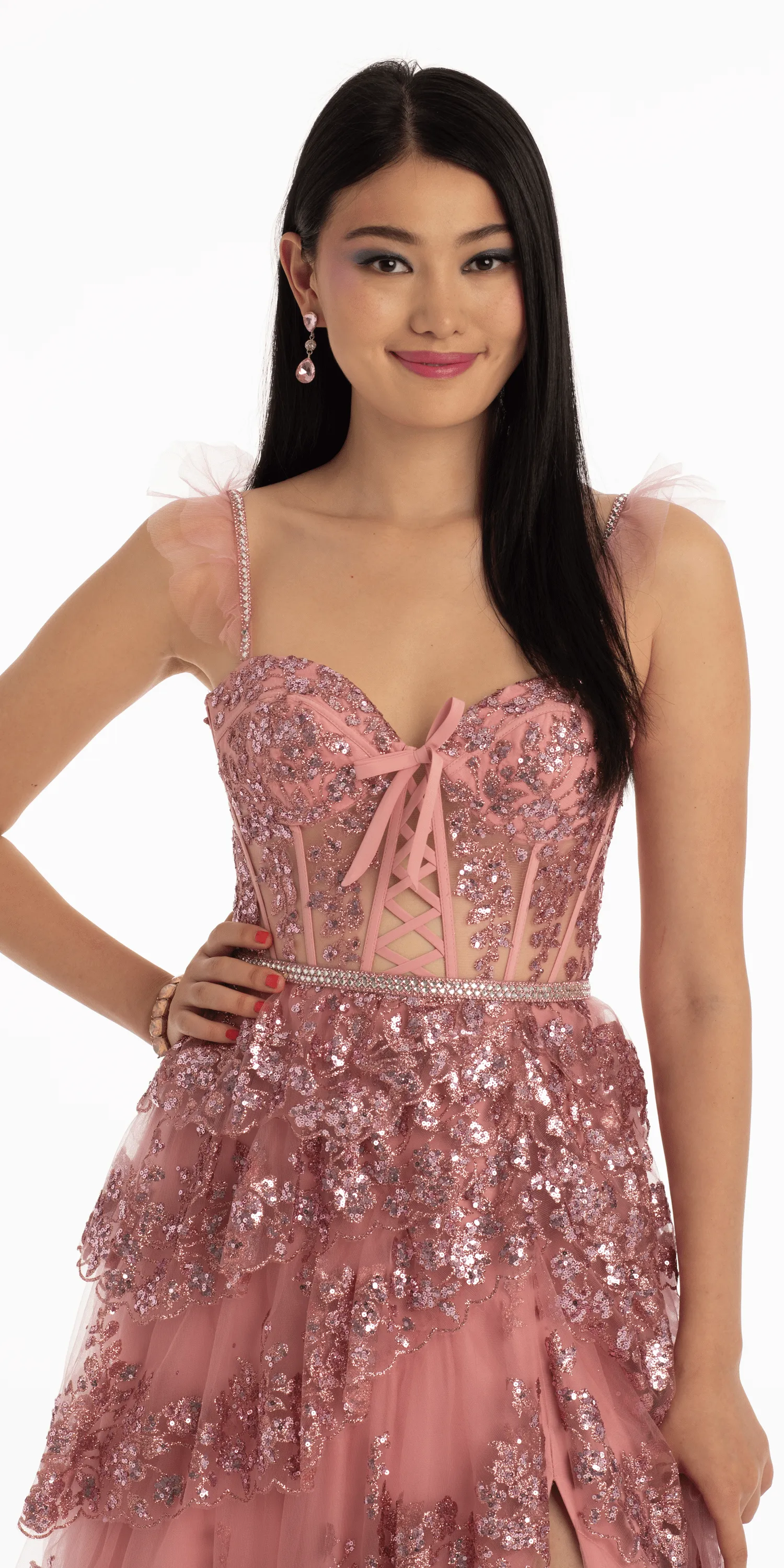 Glitter Mesh Corset Tiered Ballgown with Sequin and Ruffle Detail