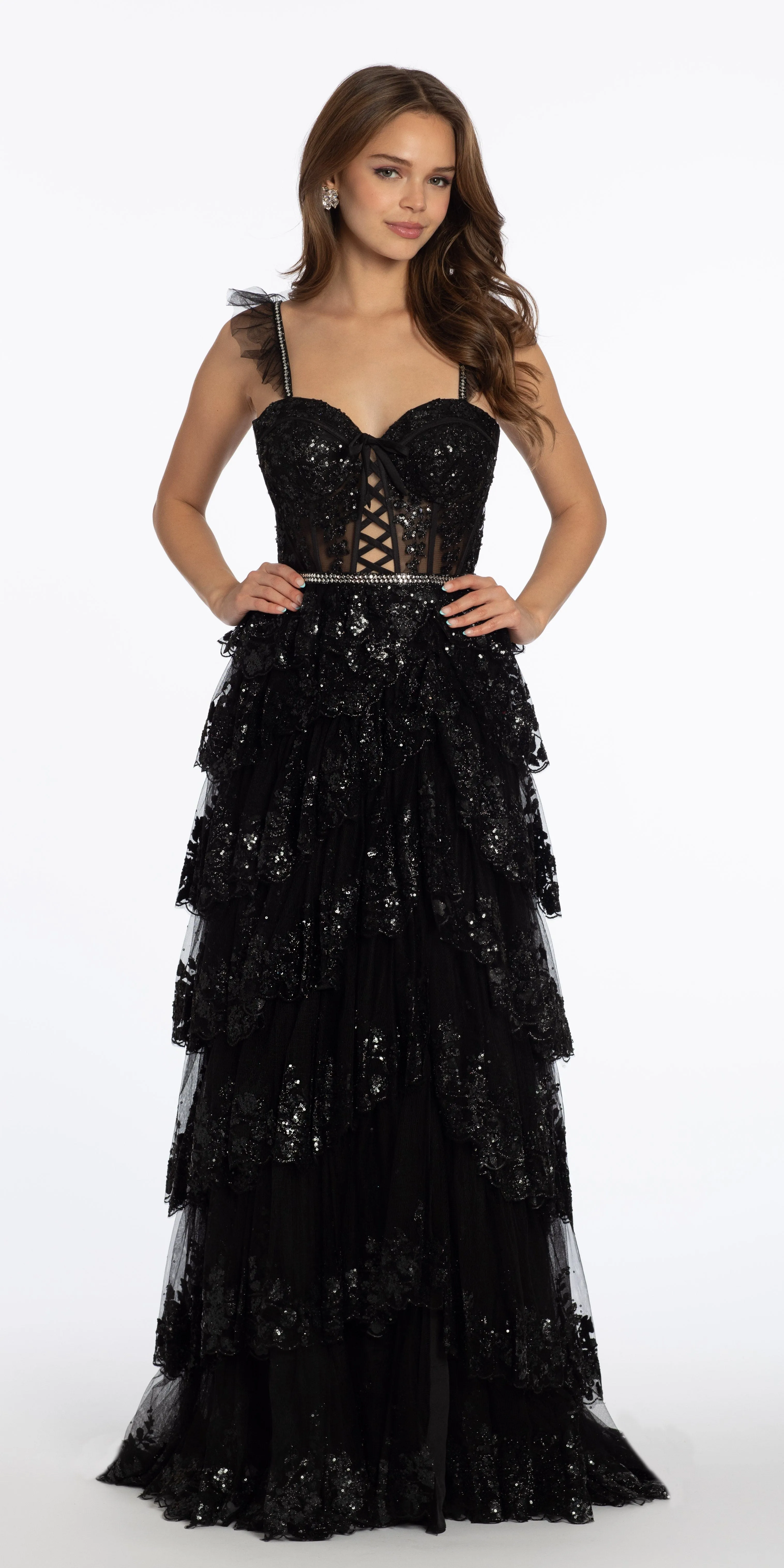 Glitter Mesh Corset Tiered Ballgown with Sequin and Ruffle Detail