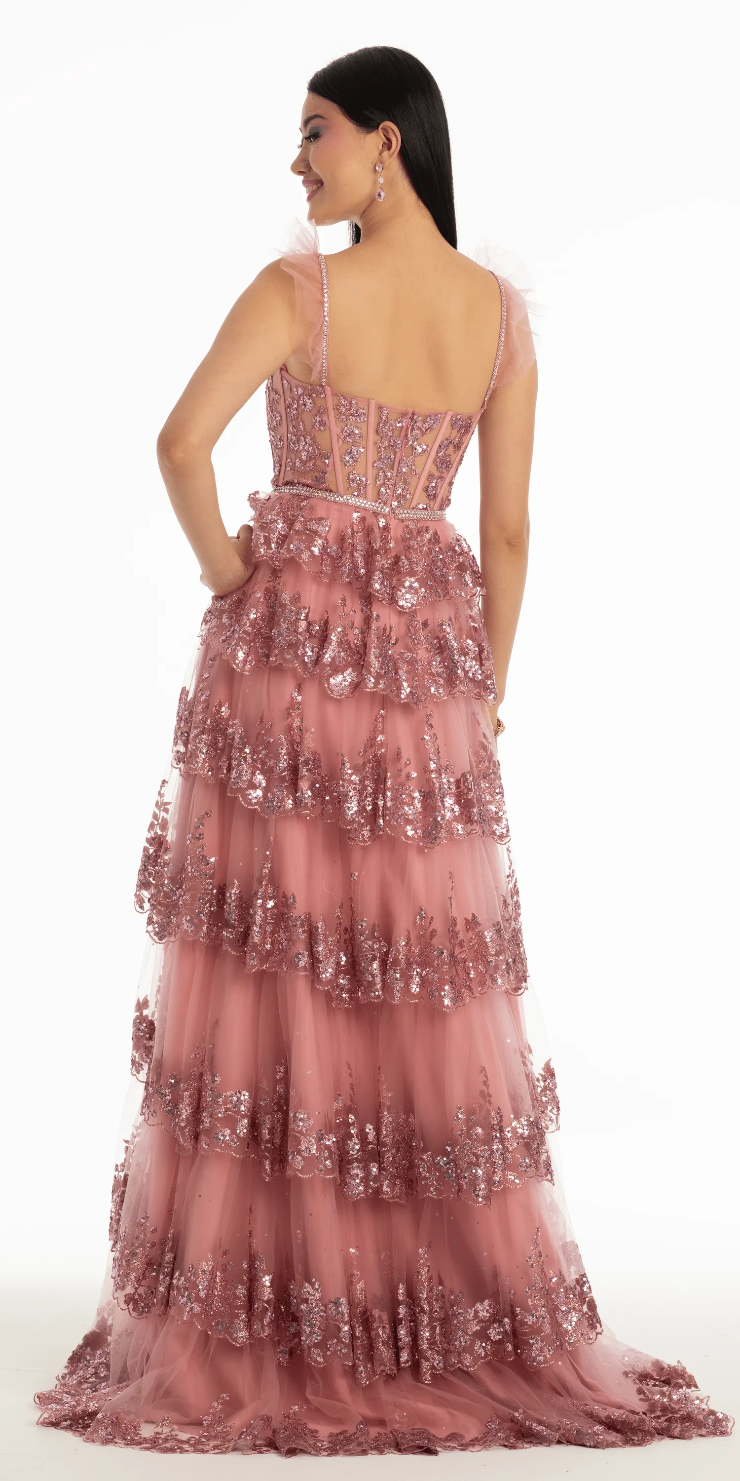 Glitter Mesh Corset Tiered Ballgown with Sequin and Ruffle Detail