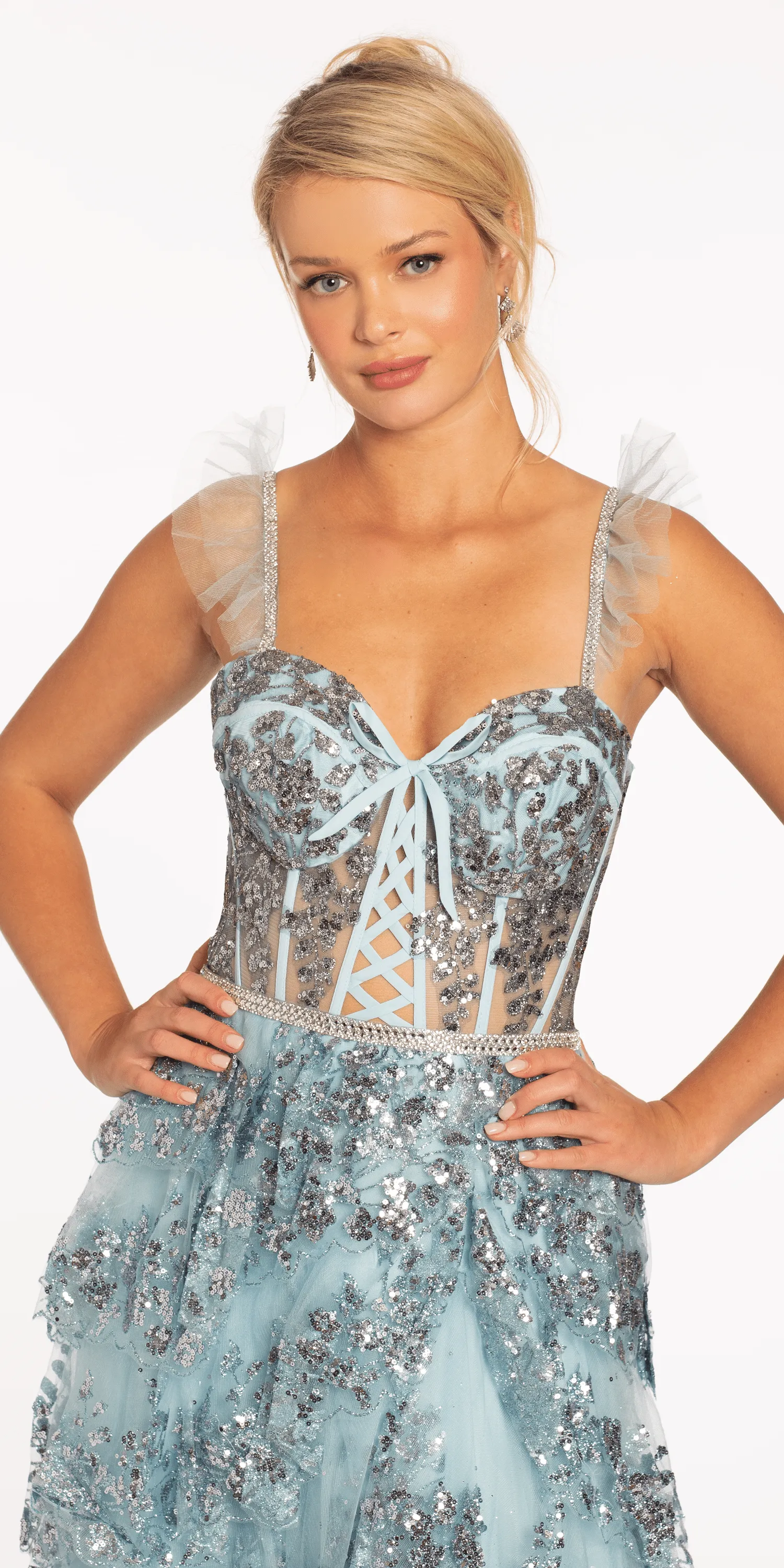 Glitter Mesh Corset Tiered Ballgown with Sequin and Ruffle Detail