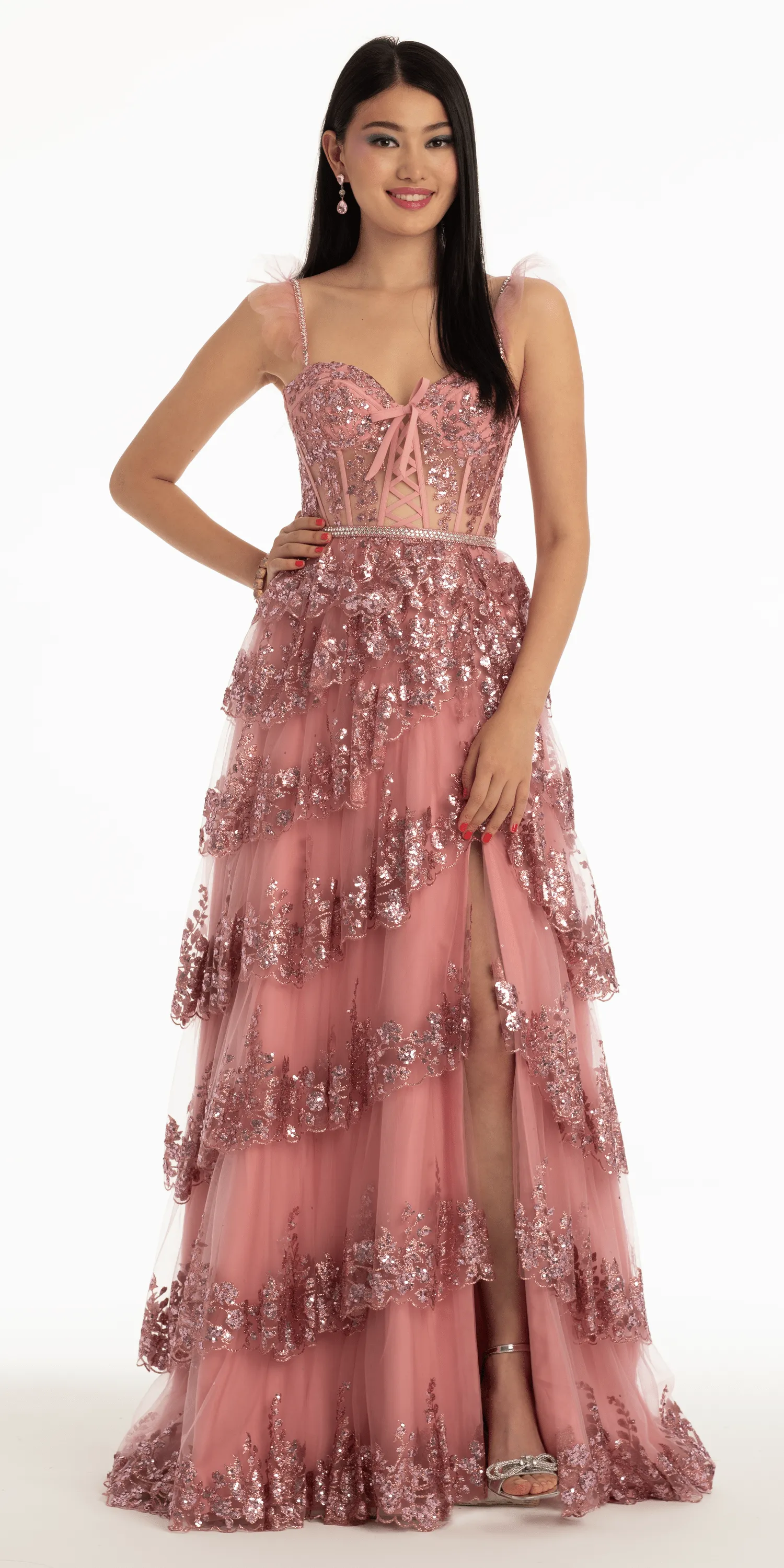 Glitter Mesh Corset Tiered Ballgown with Sequin and Ruffle Detail