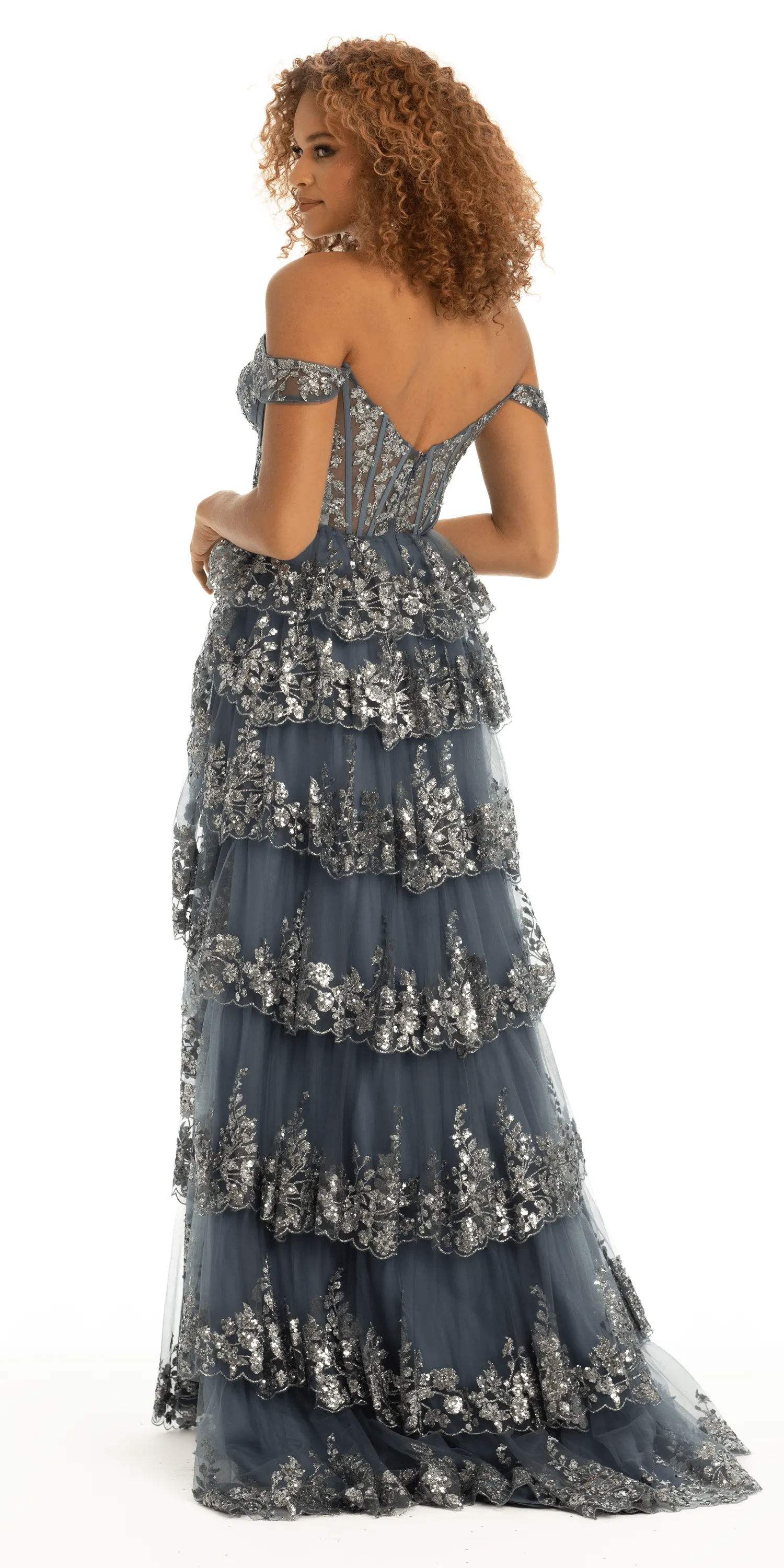 Glitter Sweetheart Off the Shoulder Mesh Corset Tiered Ballgown