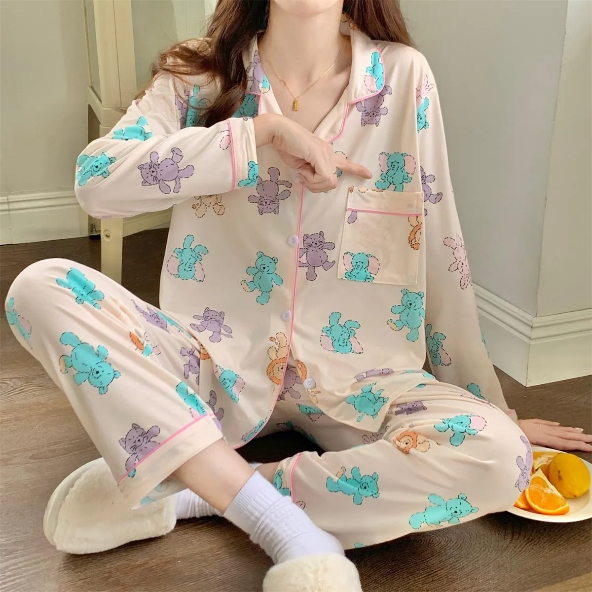 INS Style Cartoon Cute Bear Women's Pajamas Long Sleeve Sweet Casual Long Sleeve Pants Loungewear