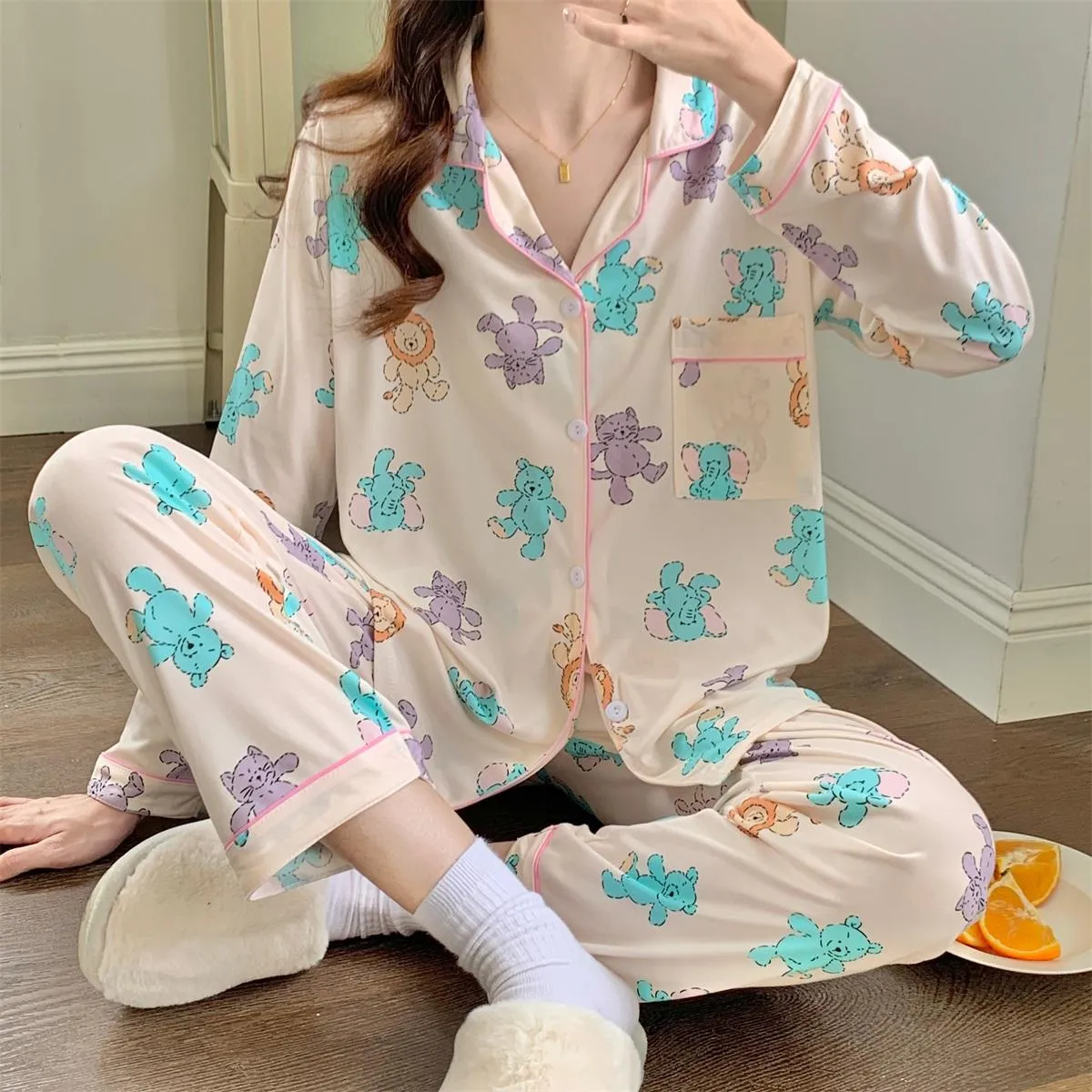 INS Style Cartoon Cute Bear Women's Pajamas Long Sleeve Sweet Casual Long Sleeve Pants Loungewear