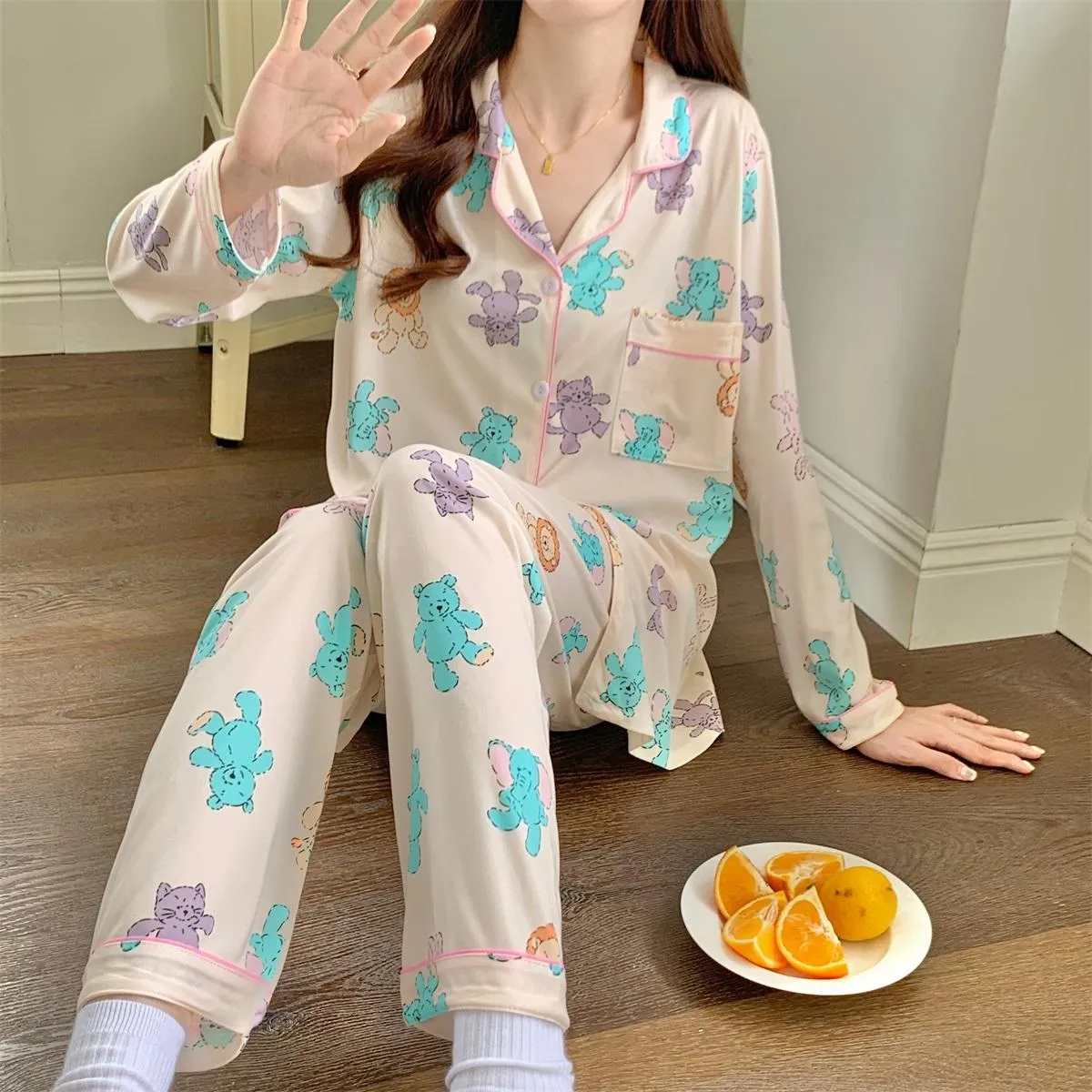 INS Style Cartoon Cute Bear Women's Pajamas Long Sleeve Sweet Casual Long Sleeve Pants Loungewear