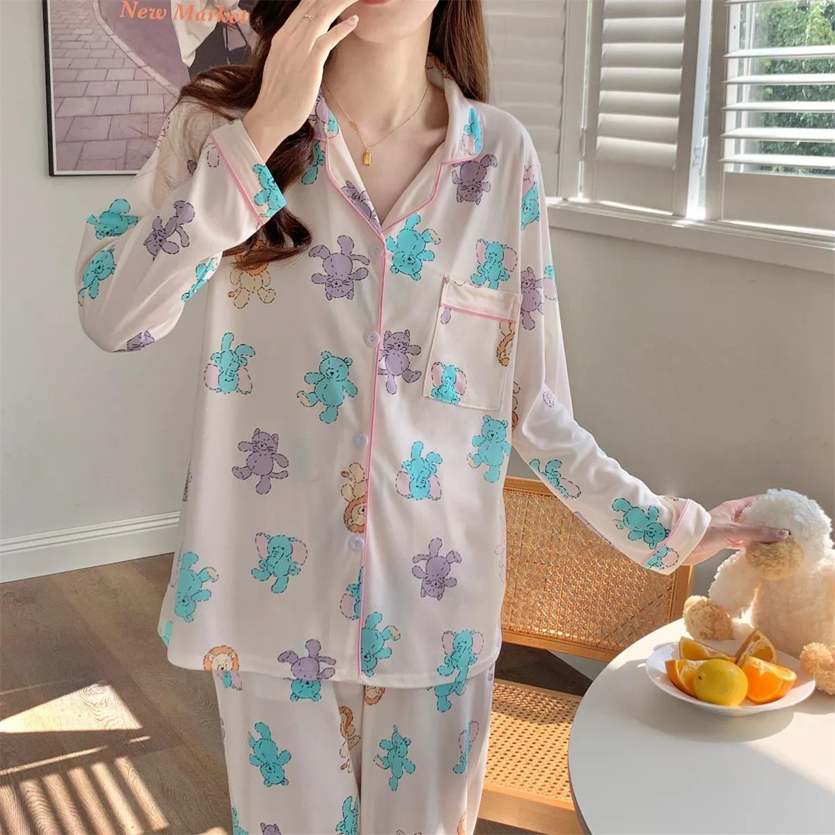 INS Style Cartoon Cute Bear Women's Pajamas Long Sleeve Sweet Casual Long Sleeve Pants Loungewear